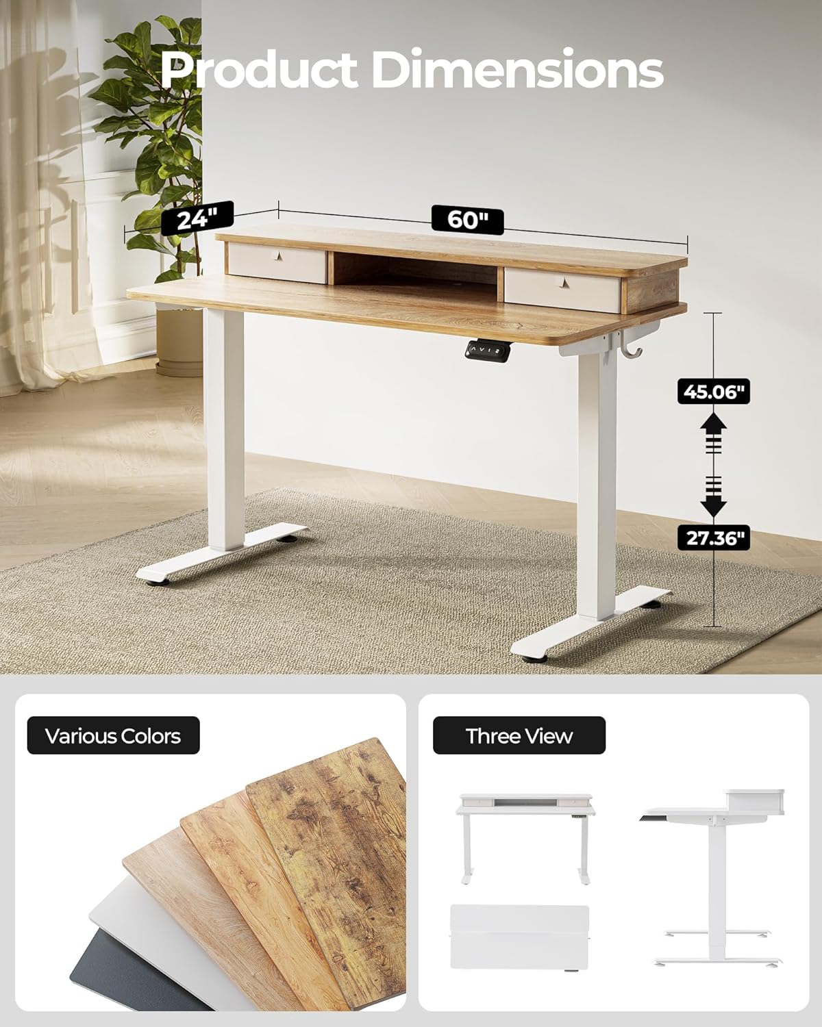 FEZIBO 60 x 24 Inch Height Adjustable Electric Standing Desk with Double Drawer, Computer Desk, Home Office Stand Up Table with 4 Height-Adjustable Feets & 2 Hooks, Maple