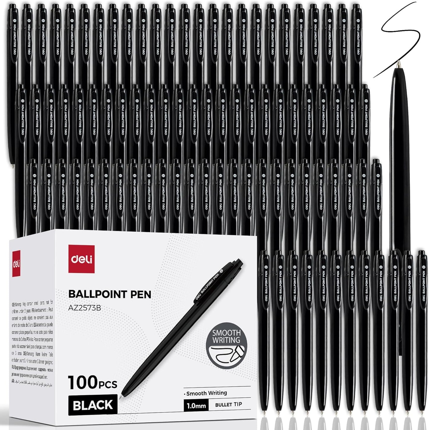 deli Pens Bulk, 100 Pack Retractable Ballpoint Pens, 1.0MM Black Ink,Smooth Writing, No Bleed, Comfortable Grip for Home,Office & School Use