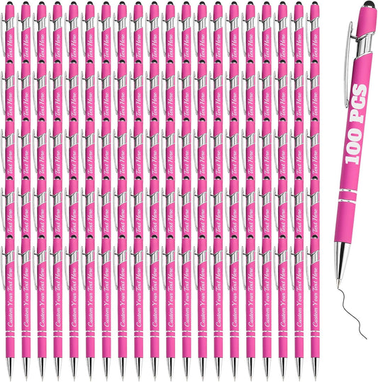 Personalized Pens Bulk 100 with Name Custom Engraving Ballpoint Pens with Stylus Tip Customized Smooth Writing Pens Personalized Gifts for Anniversary Birthday or Graduation(Pink,Black Ink)