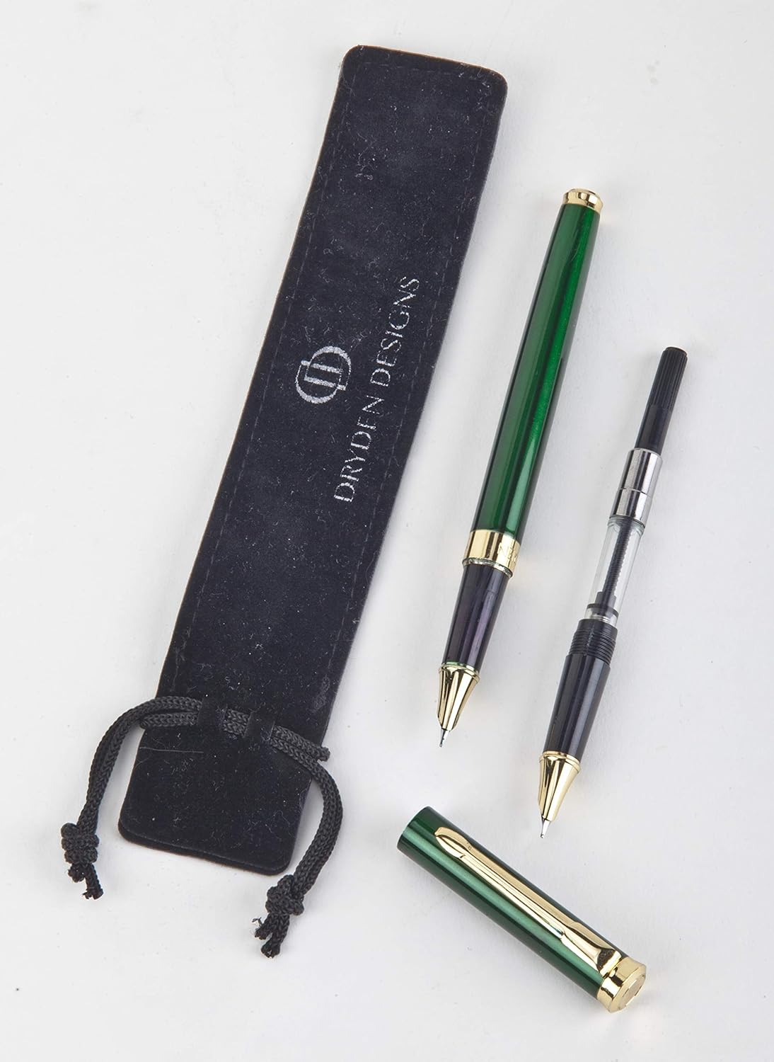Dryden Designs Fine Nib Fountain Pen - Includes 24 Ink Cartridges - 12 Black and 12 Blue - Emerald Green - Smooth Elegant Writing with Fine Nib and Ink Converters