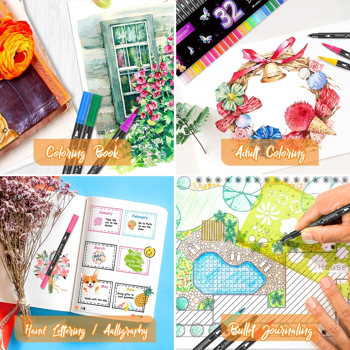 Soucolor Art Brush Markers Pens for Adult Coloring Books, Cute Preppy Stuff School Office Teacher Supplies, 34 Colors Dual Tip (Brush and Fine Point) Drawing Markers for Note Taking Journal Classroom