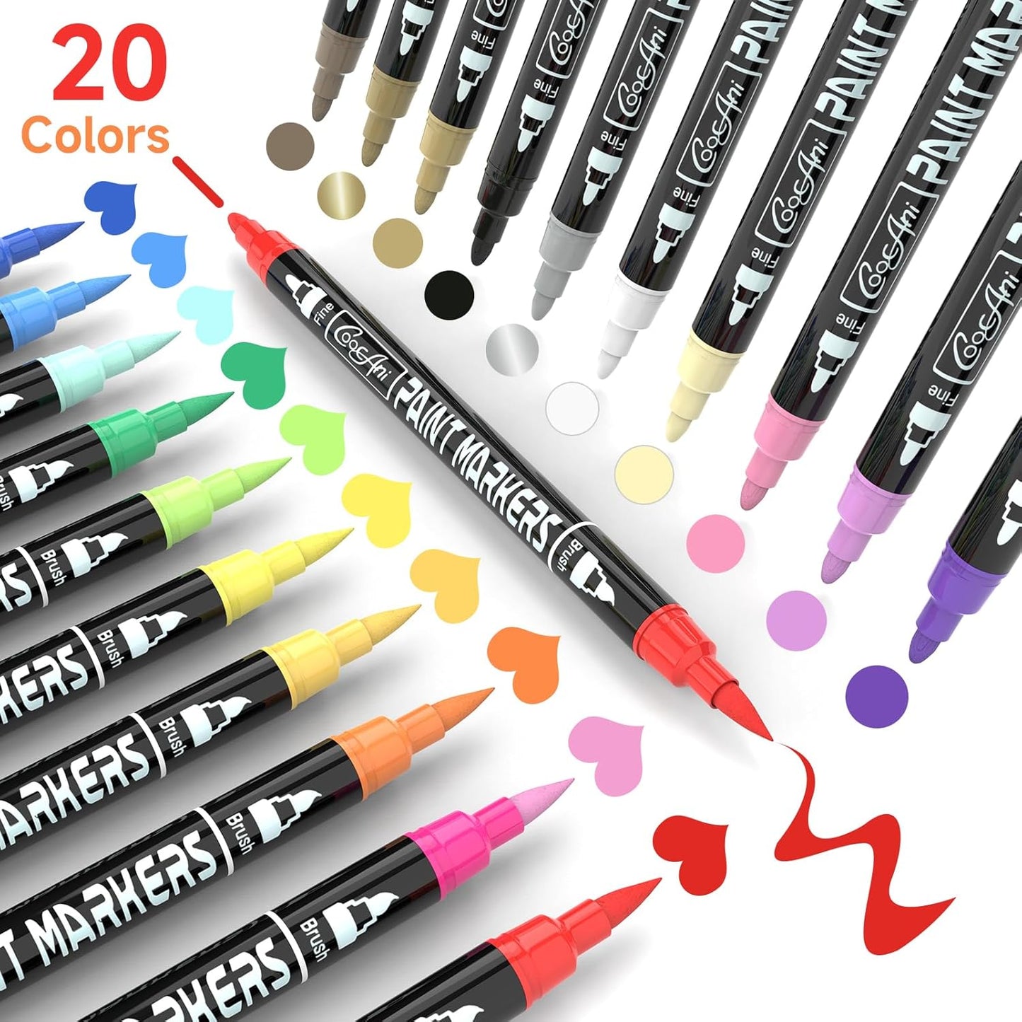 20 Colors Acrylic Paint Pens, Water-based Paint Markers for Wood,Canvas, Glass, Ceramic, Roch Painting,DIY Crafts, Art Supplier (20 Corlors(Brush and Fine Nib))
