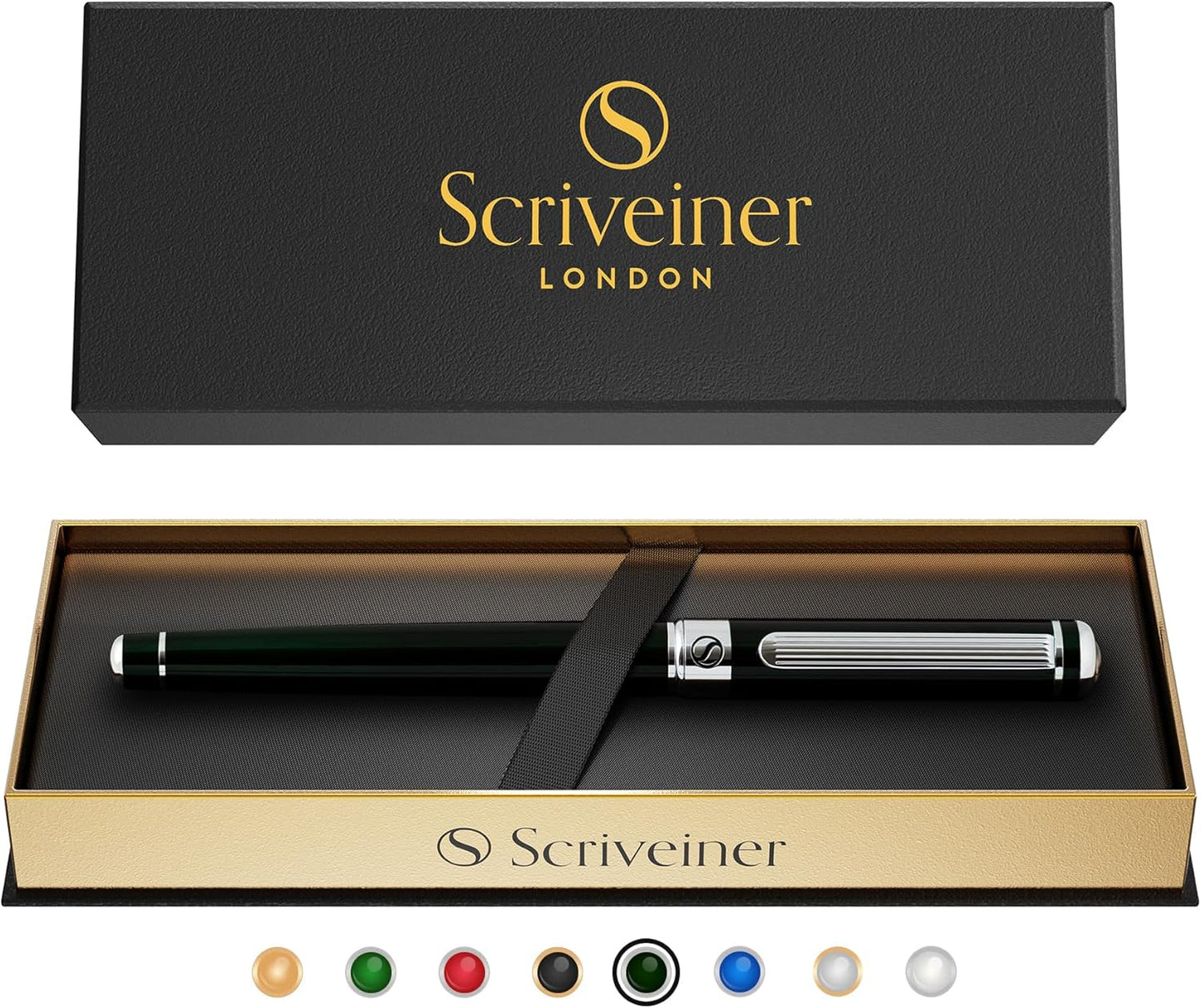 Scriveiner Black Green Rollerball Pen - Stunning Luxury Pen, Chrome Finish, Schmidt Ink Refill, Best Roller Ball Pen Gift Set for Men & Women, Professional, Executive Office