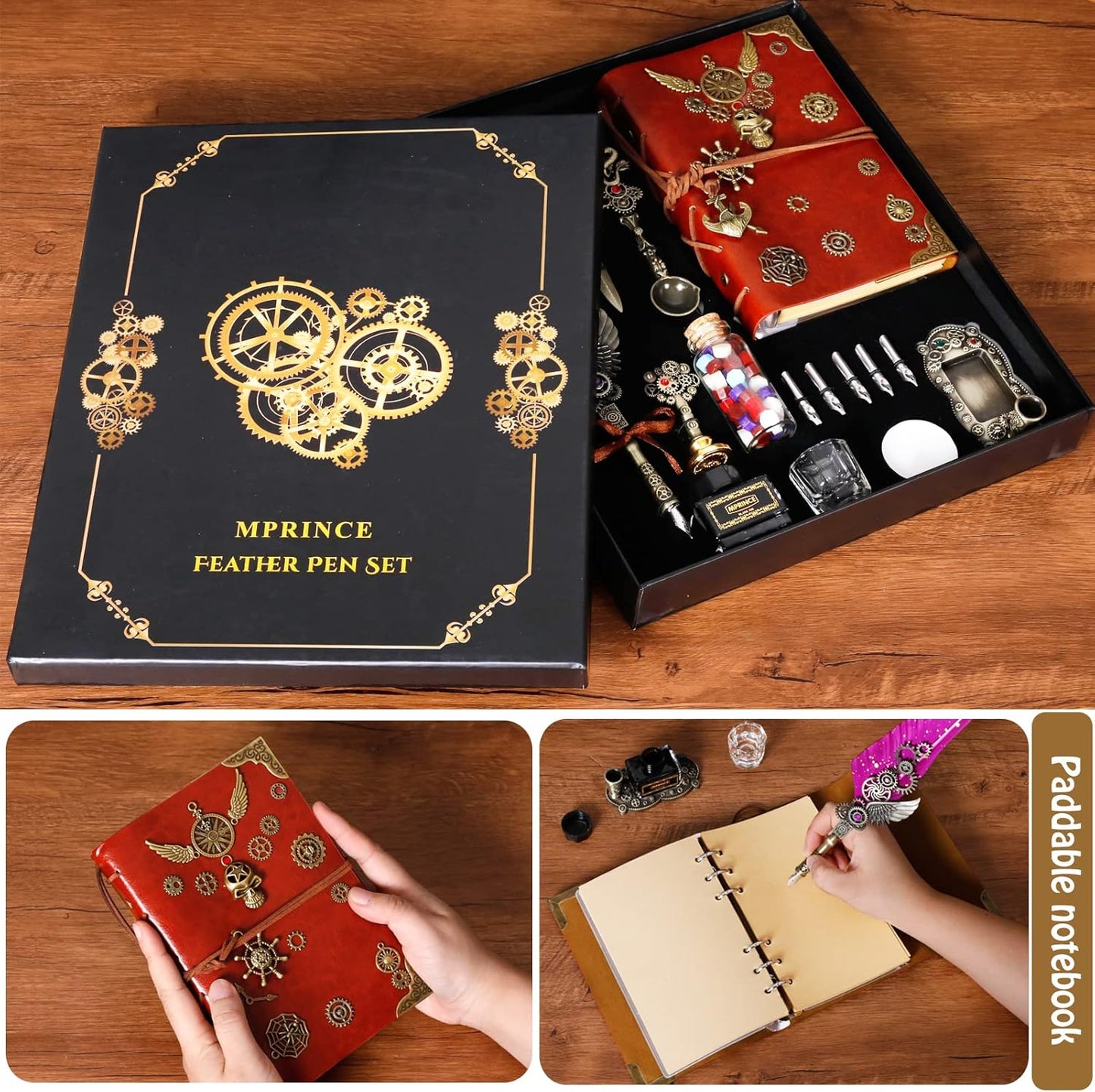 Aifeiter Quill Pen Ink Set Leather notebook With Quill Pen,Notebook,5 Replaceable Nibs,Seal Stamp,Spoon,Wax Beads,White Wax,Ink,Pen Holder,Cup,Envelope,Letter Paper,Envelope Tool(blue)