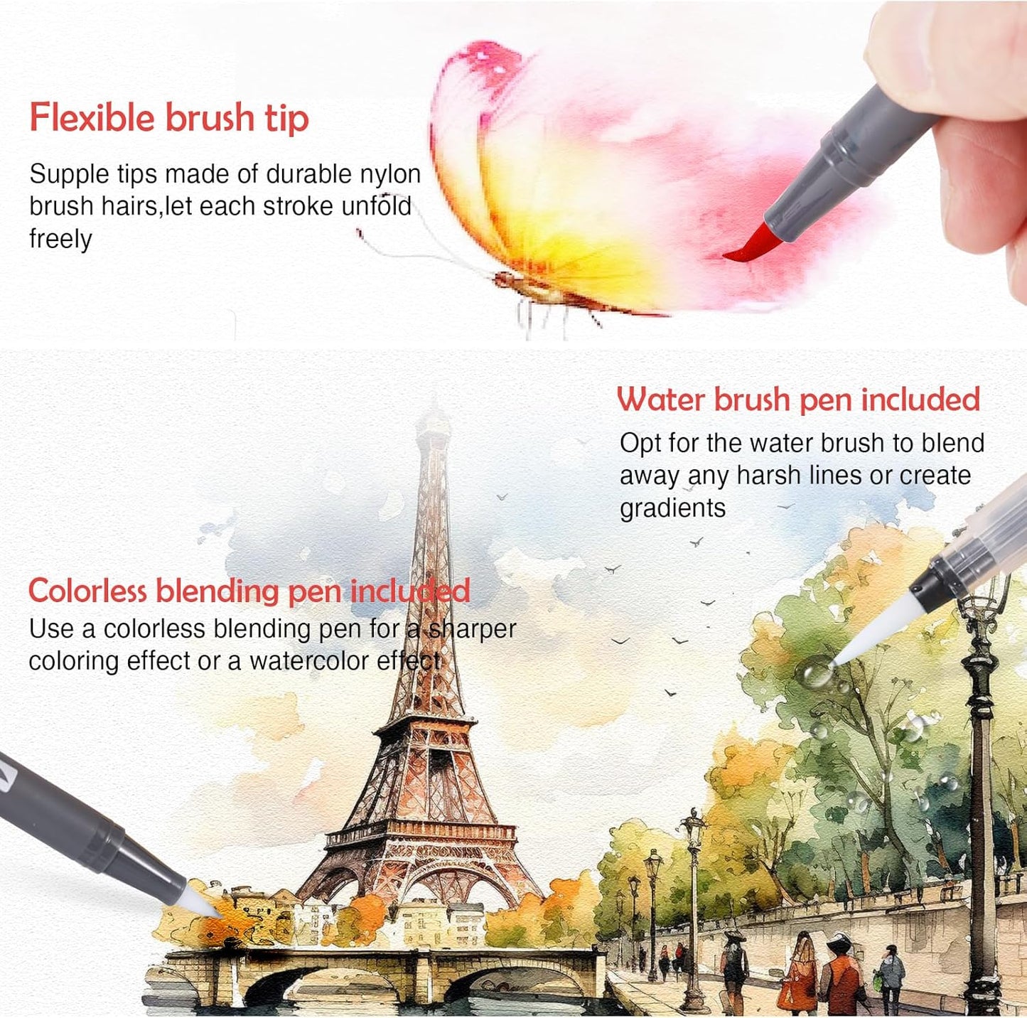 Watercolor Pens Set, 24-Color Dual Tip Paint Markers, Water-Based Coloring Markers with 1 Aquapen, 1 Colorless Blender, and 12-Page Pad, Art Supplies for Artists & Beginners