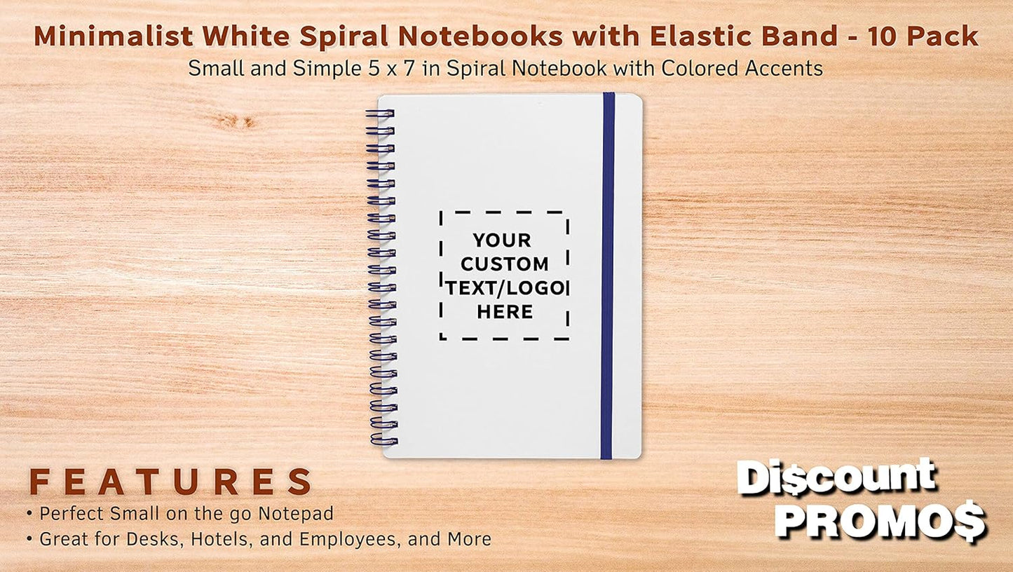 10 White Spiral Notebooks with Elastic Band Pack - Customizable Text, Logo - 80 lined pages, Recycled - Blue