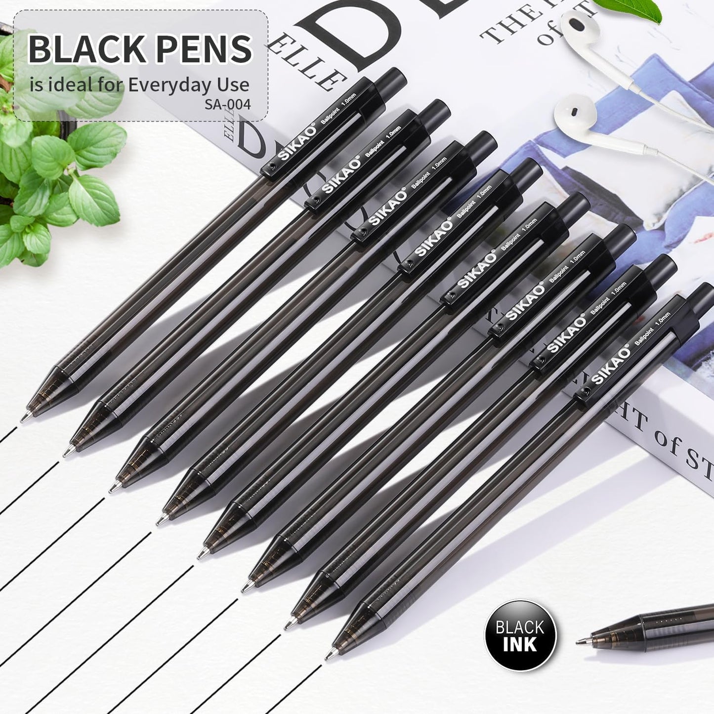 Pens Bulk, Black Pens, 60Pack Ballpoint Pens for Smooth Writing Pens No Smear, Black Ink Pens Medium Point 1.0mm, Retractable Pens, Click Pens, Ball Point Pens, Server Pens, School Office Supplies