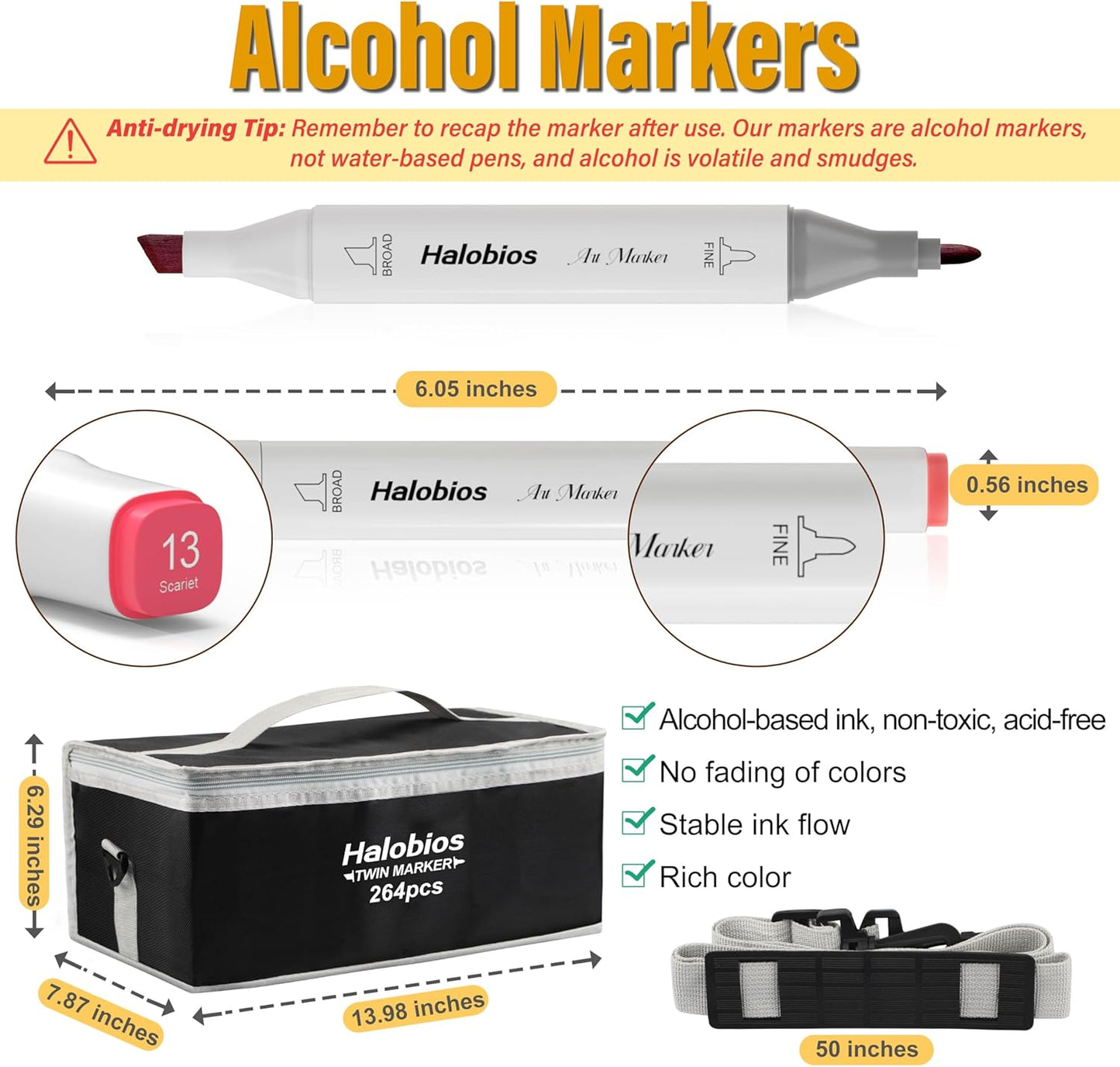 264 Alcohol Markers, Dual Tip Fine & Broad Drawing Markers Alcohol Marker Set with Case, Art Marker for Kids Adults Coloring Artists Drawing Sketching Card Making and Illustration