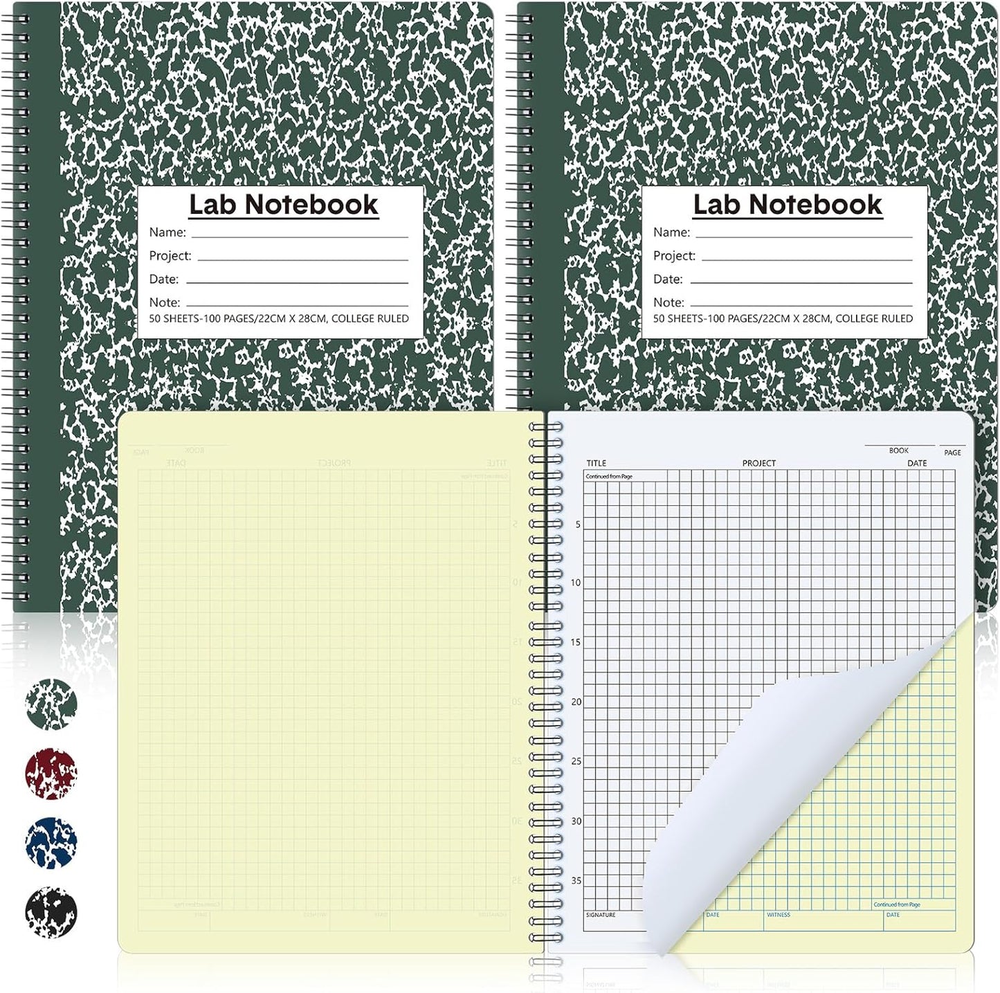2 Pack Carbonless Lab Notebook Carbon Copy 8.5'' x 11'' Laboratory Engineering Chemistry Computation Notebook Science Grid Contains 25 Set Pages 100 Sheets Total Coil Binding(Dark Green)