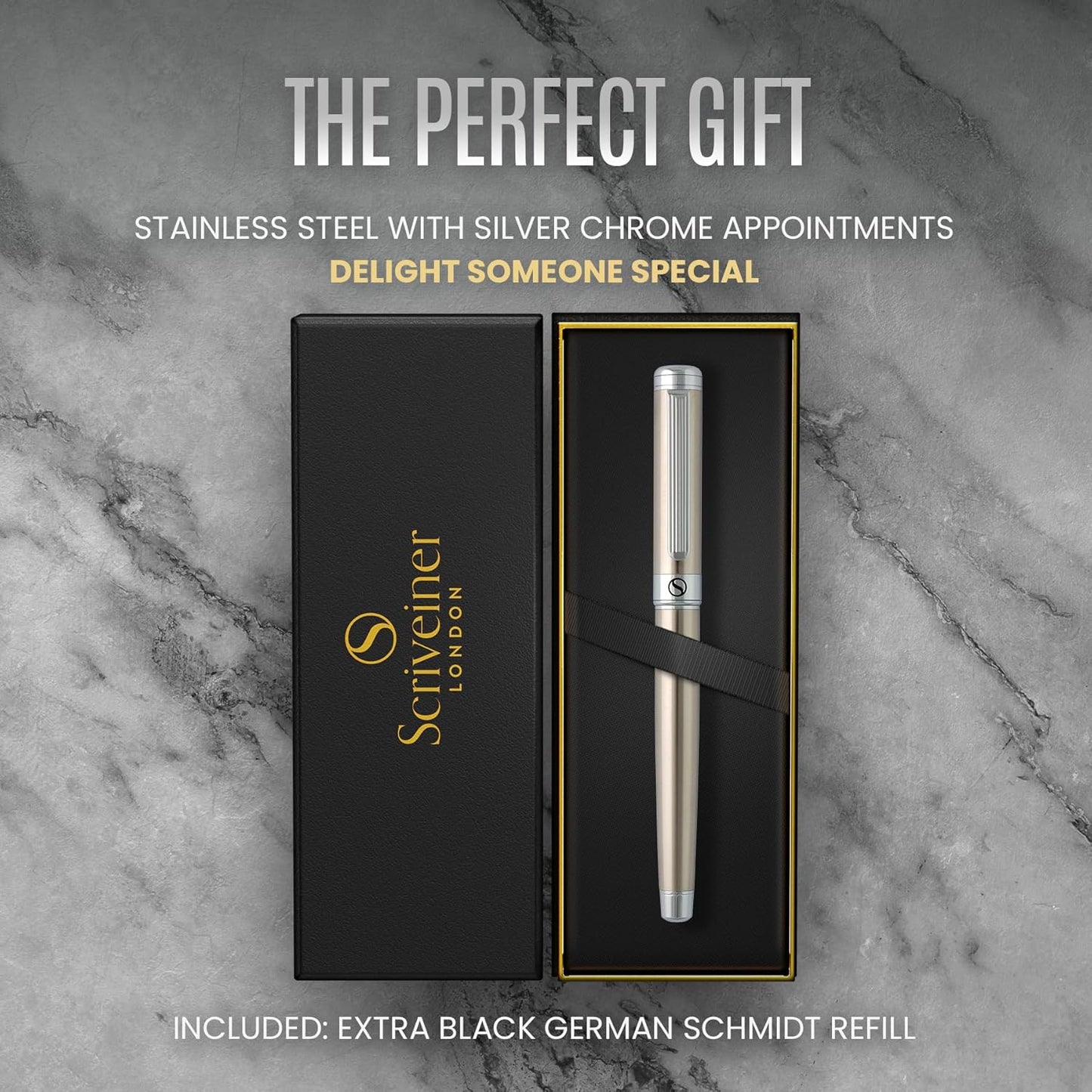 Scriveiner Stainless Steel Rollerball Pen - Stunning Luxury Metal Pen with Silver Chrome Finish, Schmidt Ink Refill, Best Roller Ball Pen Gift Set for Men & Women