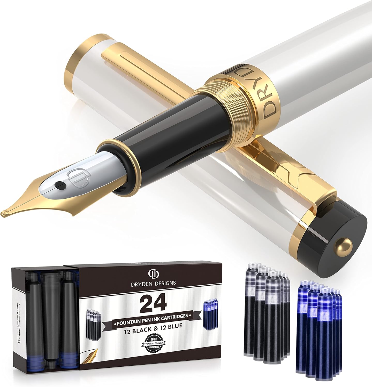 Dryden Designs Fountain Pen Medium Nib, Pearl White, Left and Right Handed, Includes 24 Ink Cartridges - 12 Black and 12 Blue