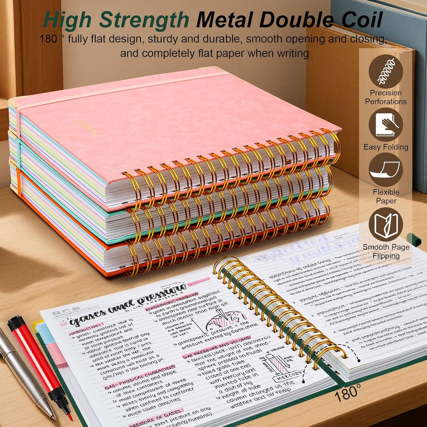 Hardcover Spiral Notebook 8"x10" Journal Notebook with Tabs and Removable Dividers 300 Pages 5 Subject Notebook College Ruled, Faux Leather Spiral Bound Notebook for Women, Students, School Work (Green)