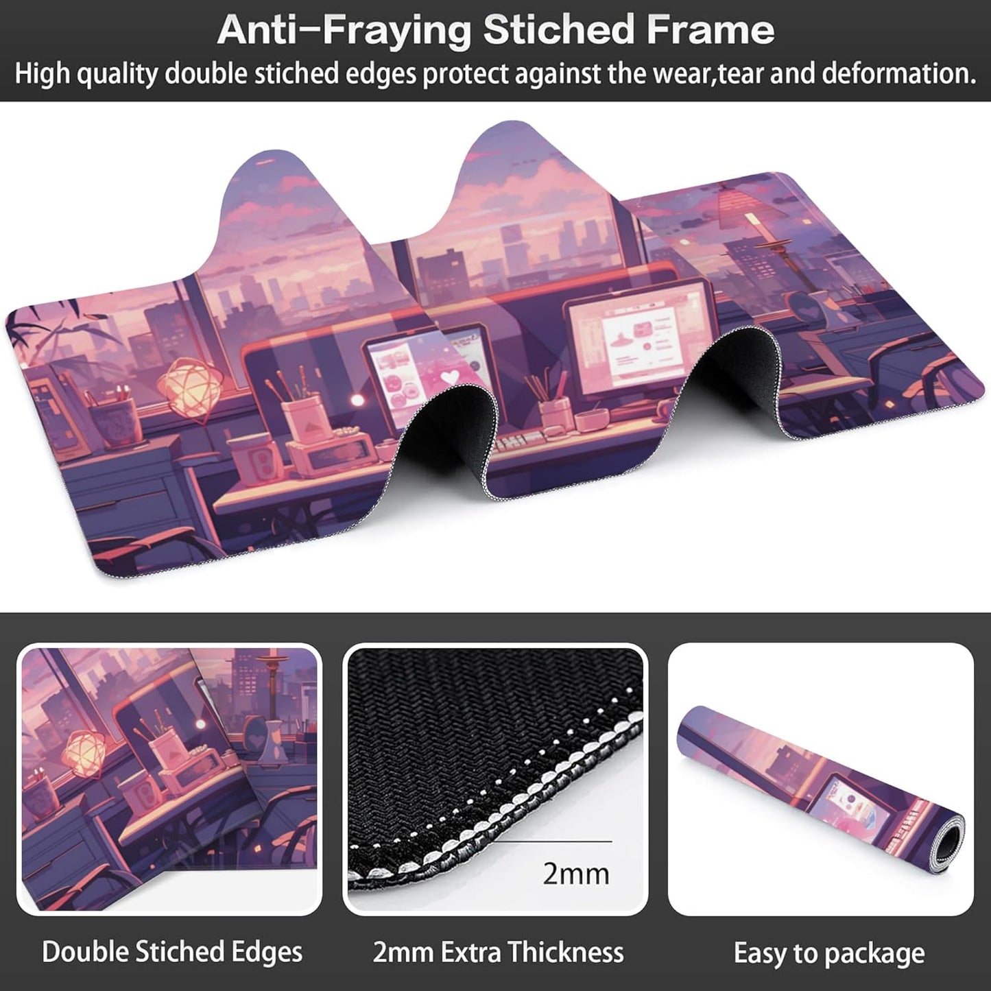 Extended Large Gaming Mouse Pad, Cute Pink Cyberpunk Lofi Large Desk Mat for Desktop, Non-Slip Rubber Base Stitched Edges Long Computer Keyboard Desk Pad Mouse Mat for Gaming Home Office 35.4"X15.7"