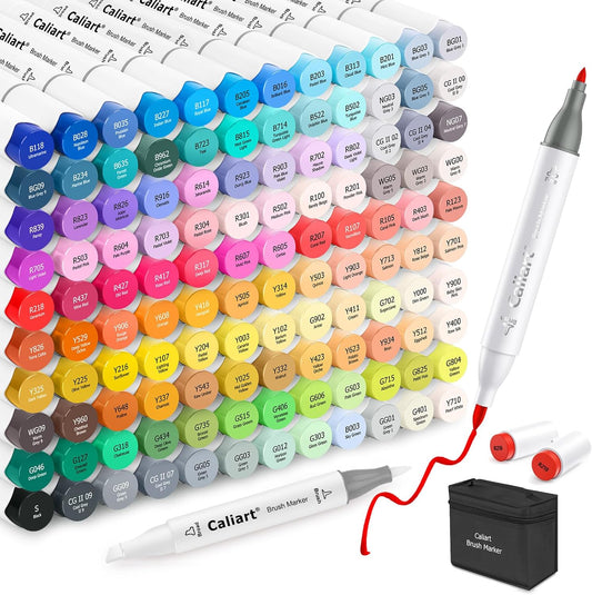 Caliart 121 Colors Brush & Fine Alcohol Markers for Adult Coloring Book, Dual Tip Artist Sketch Art Markers, Aesthetic Cute Preppy Stuff School Supplies, Pens for Lettering Drawing Cards Planner