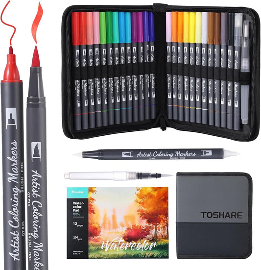 Watercolor Pens Set, 24-Color Dual Tip Paint Markers, Water-Based Coloring Markers with 1 Aquapen, 1 Colorless Blender, and 12-Page Pad, Art Supplies for Artists & Beginners