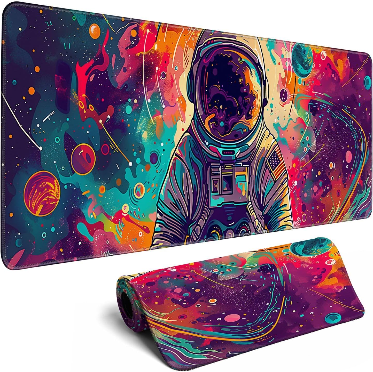 Desk Mat Colorful Space Desk Accessories Astronaut Extended Gaming Mouse Desk Pad Decorations for Office Keyboard Mousepad Mat31.5x11.8in, Stitched Edge Non-Slip Bottom Large Mouse Pad