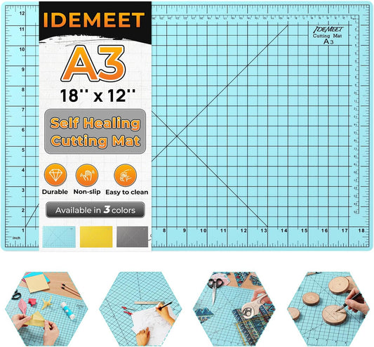 Full 18''x12'' Grid Size Self Healing Cutting Mat, A3 Rotary Cutting Sewing Mat, 5-Ply Double Sided Cutting Board for Crafts Sewing Quilting Hobby Fabric Precision Scrapbooking Project, Aqua Blue