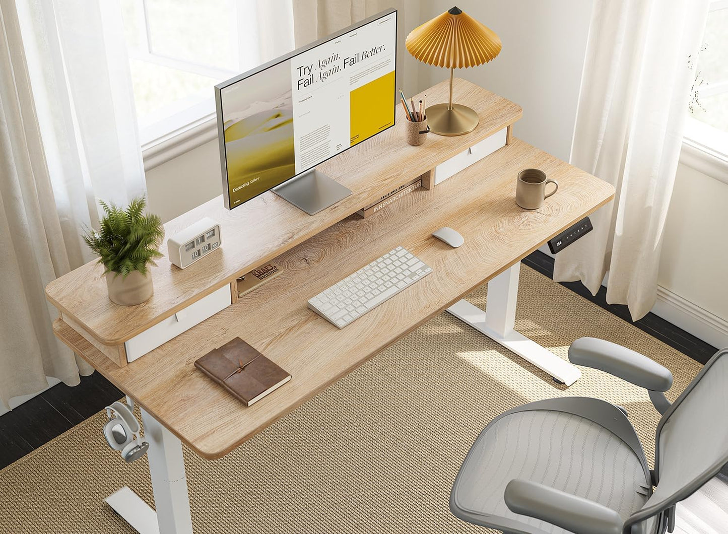 FEZIBO 48 x 24 Inch Height Adjustable Electric Standing Desk with Double Drawer, Computer Desk, Home Office Stand Up Table with 4 Height-Adjustable Feets & 2 Hooks, Maple