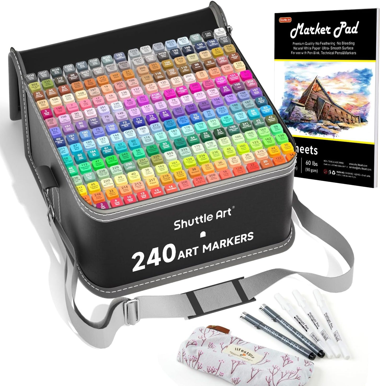Shuttle Art 240 Colors Alcohol Markers, 239 Colors Dual Tip Art Marker Set Plus Colorless Blender, Micro-tip Pens, White Highlighter Pens, Marker Bag with Holders Perfect for Students Adults Coloring