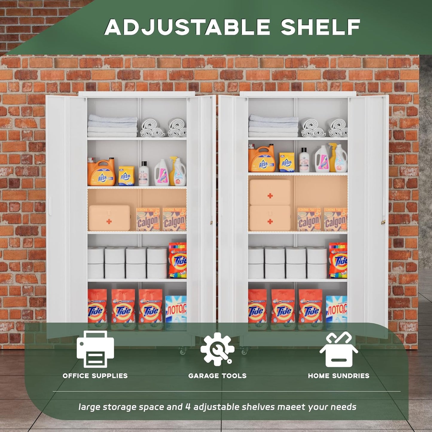 Greenvelly 73" Metal Storage Cabinet with Wheel and Pegboard, Lockable White Metal Garage Cabinets with 2 Doors and 4 Adjustable Shelves, Rolling Steel Tool Cabinet for Garage, Home Office, School