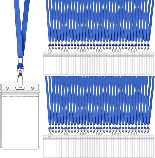 Fumete 100 Sets Name Tag Lanyards with ID Badge Holder Durable Clear Cruise Teacher Lanyards with Plastic Waterproof ID Badge Holders Bulk for Adults Teacher School Office Ship Cards(Navy Blue)