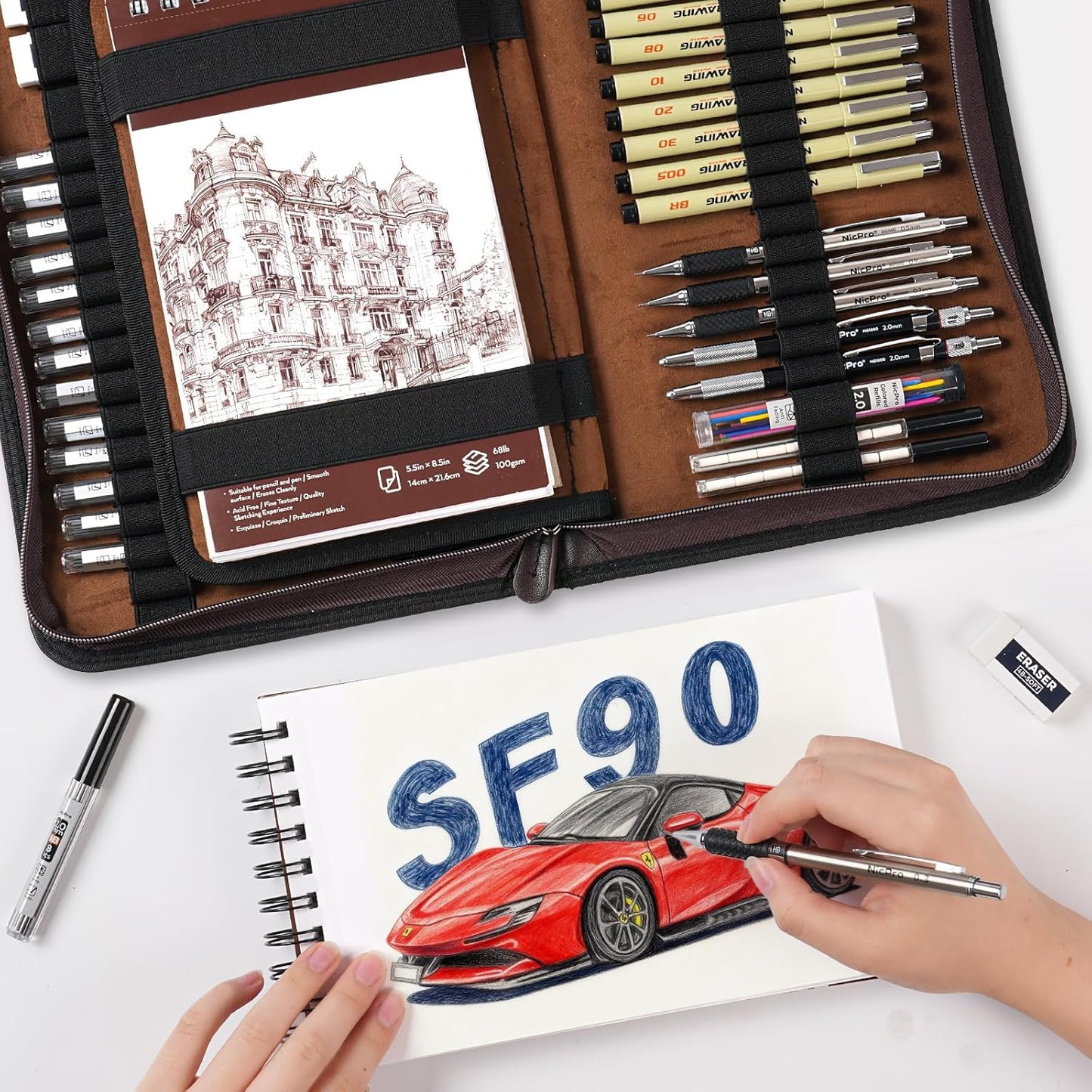 Nicpro 58 PCS Art Drawing Supplies Kit in Leather Case, Art Mechanical Pencil Set with Metal Drafting Pencil 0.3 & 0.5 & 0.7 & 0.9 & 2mm, 12 Micron Pen, Sketch Book, 30 Tube Lead Refills for Sketching