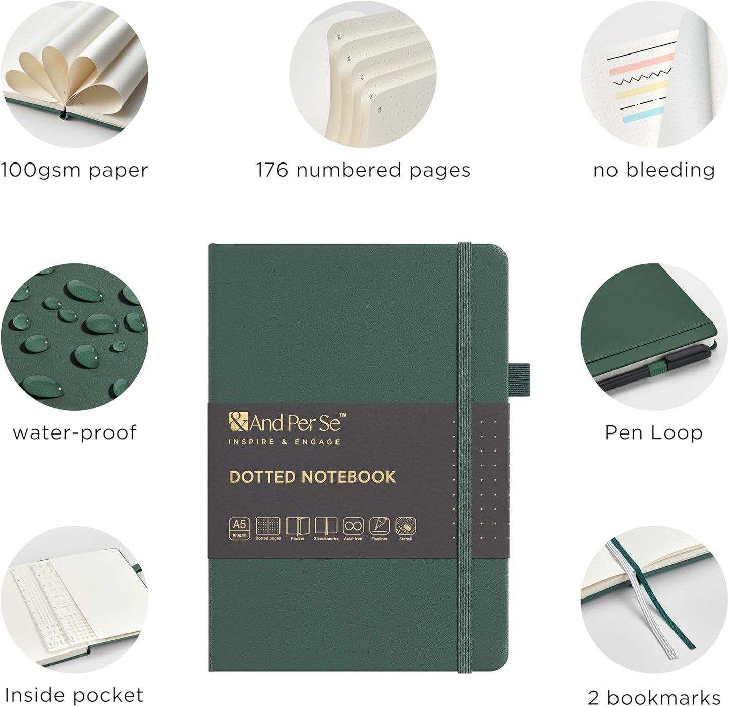 &And Per Se Bullet Dotted Journal Notebook, A5 Leather Hardcover, 176 Numbered Pages 100GSM Thick Dotted Paper, 2 Sheets of Stencils Included - 5.7'' x 8'' (Green)