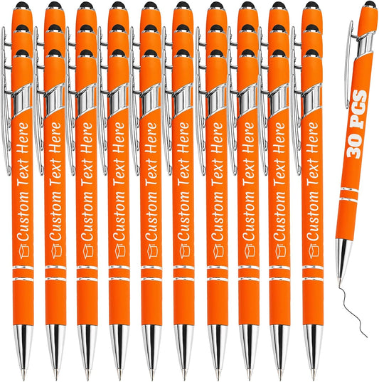 Personalized Pens Bulk 30 with Name Custom Engraving Ballpoint Pens with Stylus Tip Customized Smooth Writing Pens Personalized Gifts for Anniversary Birthday or Graduation(Orange,Black Ink)