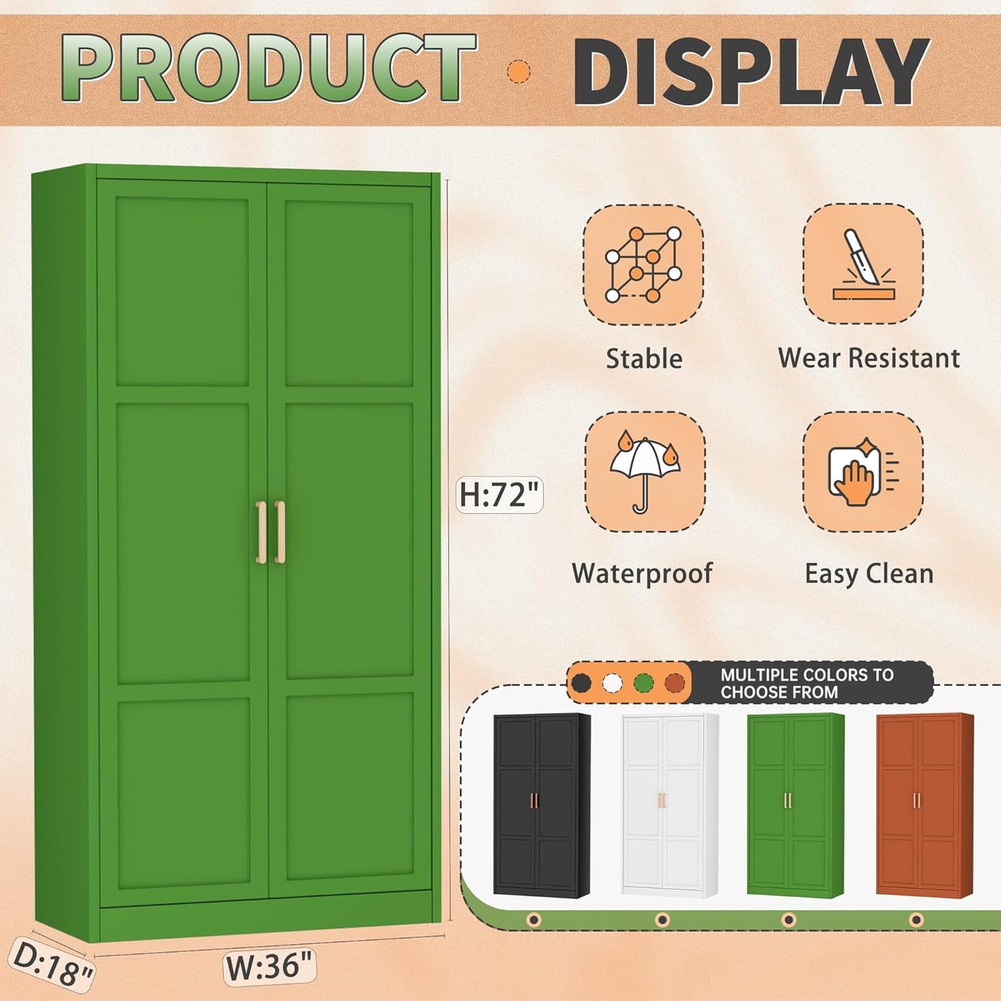 Greenvelly Metal Storage Wardrobe Cabinet with Lock, 71" Green Metal Wardrobe Closet for Hanging Clothes with Doors and Shelves, Modern Steel Clothes Closet for Home, Office and Bedroom, School,Gym