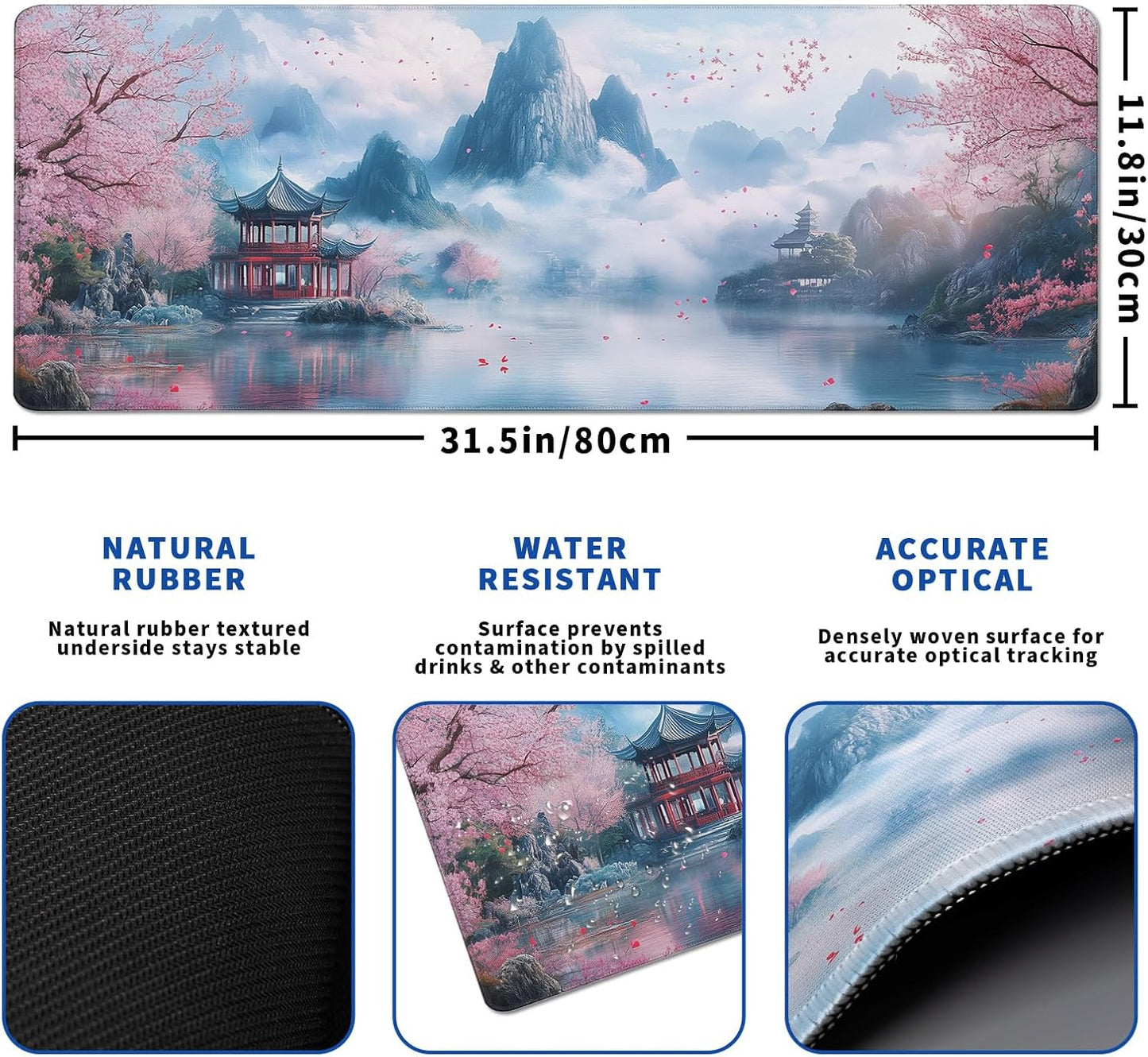Cherry Blossom Watercolor Mouse Pad Abstract Big Mouse Pad 31.5x11.8 Inch Landscape Texture Non-Slip Rubber Base Large Mousepad Stitched Edges Keyboard Mouse Mat Desk Pad for Office and Home