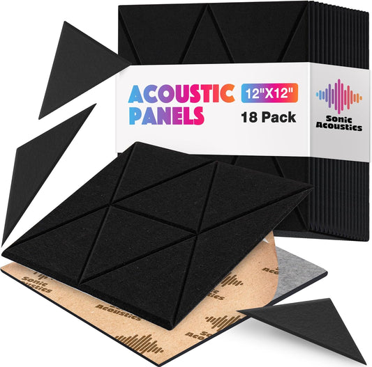 18 Pack Self-Adhesive Acoustic Panels, 12"x 12"x 0.4" Sound Absorbing Panels, High Density Square Sound Proof Noise Dampening Panels for Walls Home Studio Office, Trapezium Cutting Style, Black
