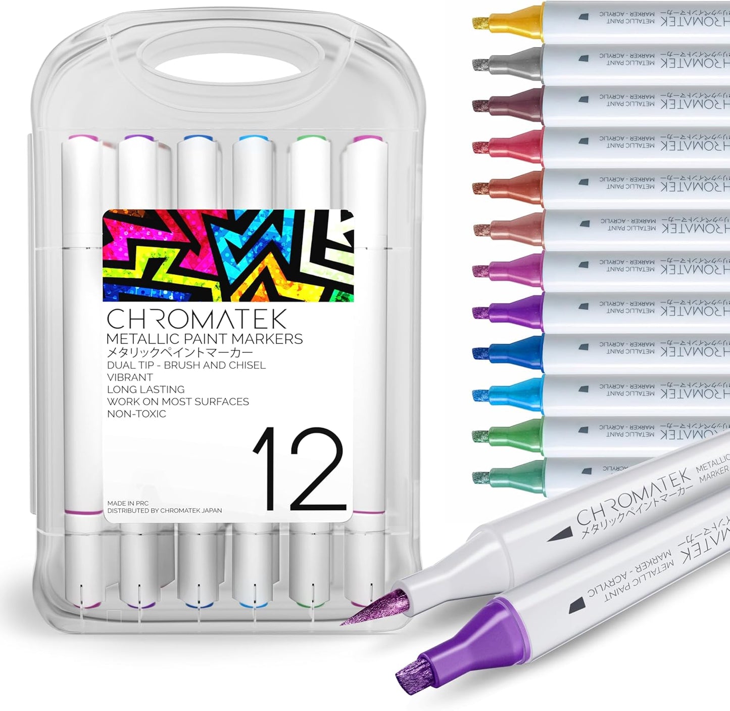 CHROMATEK Dual Tip Metallic Paint Markers - 12 Colors Brush & Chisel Tip Paint Pens for Black Paper, Rock Painting, Scrapbooking, Card Making, Photo Album, Glass, DIY Crafts Art Supplies, Waterproof