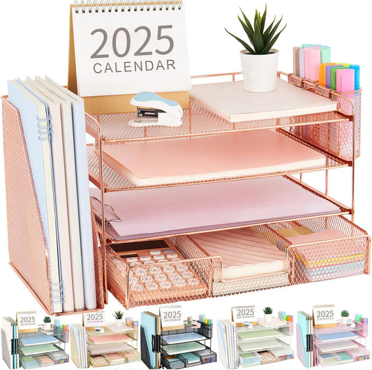 gianotter Desk Organizers and Accessories with File Holder, 4-Tier Desk Accessories & Workspace Organizers with Drawer and 2 Pen Holder, Paper Organizer for Office Supplies (Rose Gold)