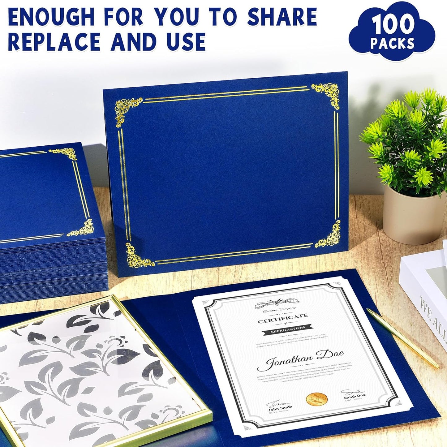 gisgfim 100Pcs Certificate Holders Diploma Covers Single Sided Gold Foil Border Award Certificate Covers for Letter Size 8.5x11 Certificates Cardstock Document Papers Storage Organizer (Royal Blue)