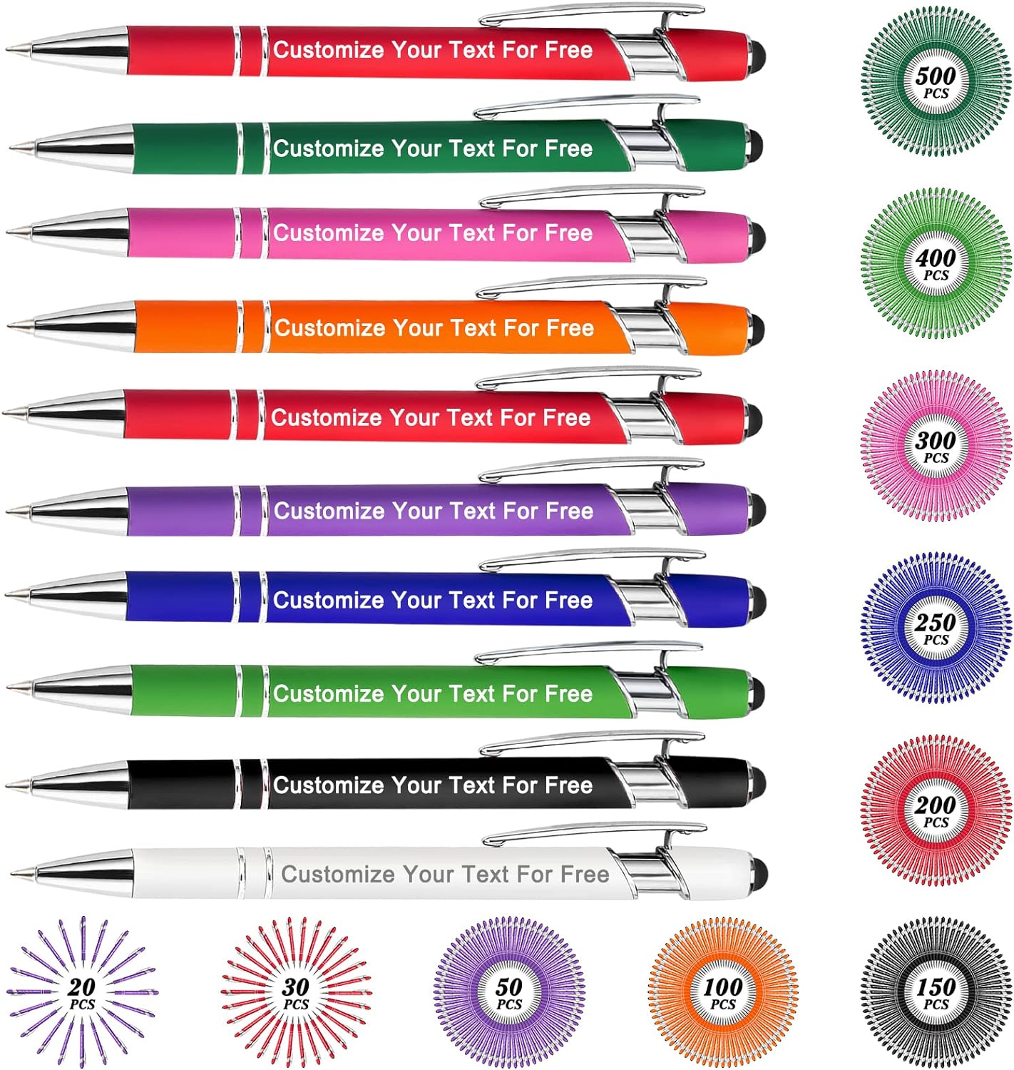 Max 500 Pcs Personalized Pens Bulk, Custom Pens with Free Engraving, Customized Stylus Tip Ballpoint Pen with Your Name Massage Text for School Office Business Graduation Anniversaries-10 Packs