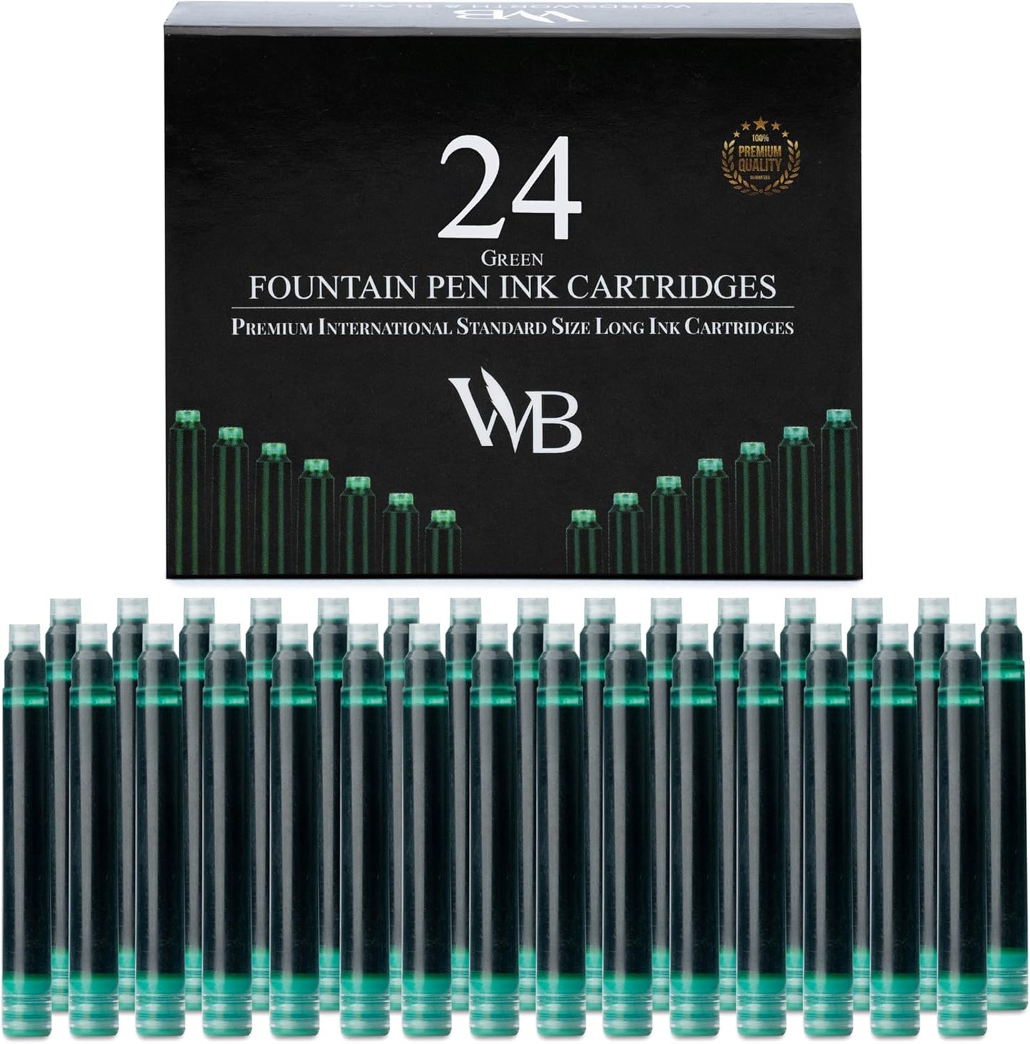 Wordsworth & Black 24 Pack Fountain Pen Ink Refills - Set of 24 Green Ink Cartridges - International Standard Size - Length APPR 2.3" - Base Diameter APPR 0.24" - Disposable and Generic