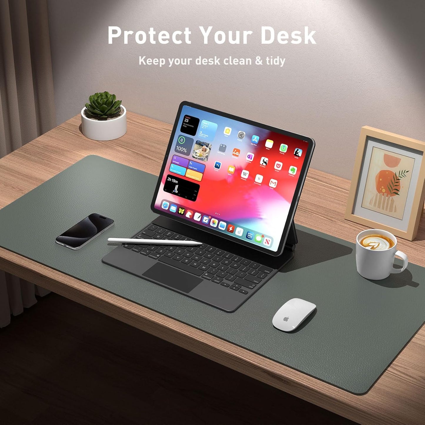 Aothia Leather Desk Pad Protector, Office Desk Mat, Large Mouse Pad, Non-Slip PU Leather Desk Blotter, Laptop Desk Pad, Waterproof Desk Writing Pad for Office and Home (Jungle Green, 31.5" x 15.7")
