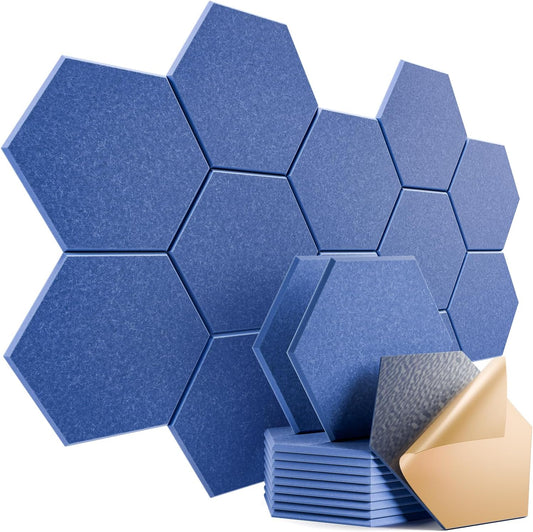 12 Pack Self-Adhesive Acoustic Panels 12" X 10" X 0.4" - Sound Proof Foam Panels with High Density, Stylish Hexagonal Design, Flame Resistant, Absorb Noise and Eliminate Echoes(Sky Blue)