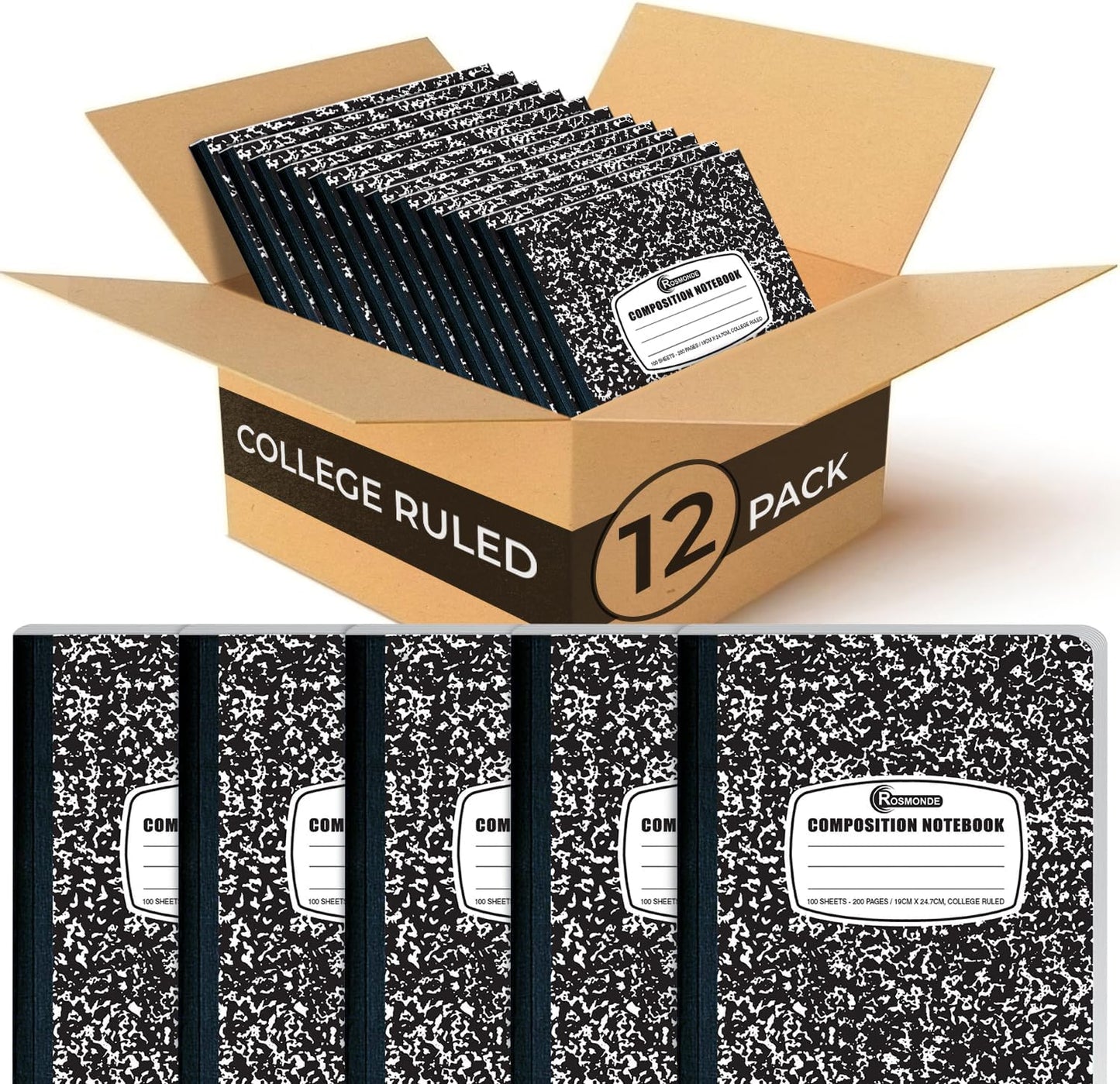 12 Pack Composition Notebook College Ruled Bulk, 200 Pages (100 Sheets), 9-3/4 x 7-1/2, Hard Cover College Ruled Notebook Bulk, Black Marble Composition Notebook College Ruled, Bulk Notebooks