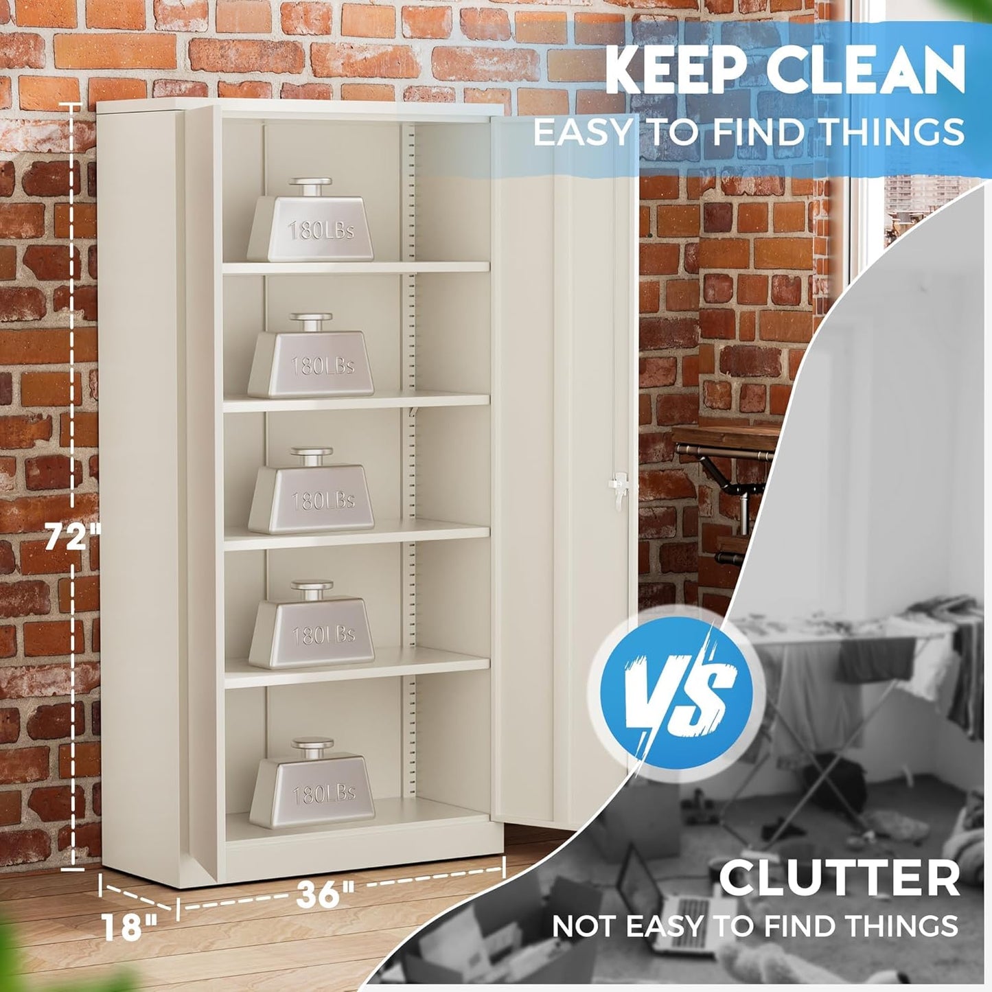 Greenvelly Garage Storage Cabinet,72" Metal Cabinet with 2 Doors and 4 Shelves,Steel File Cabinet for Home Office, Garage, Classroom（Grey 36" X 18"）