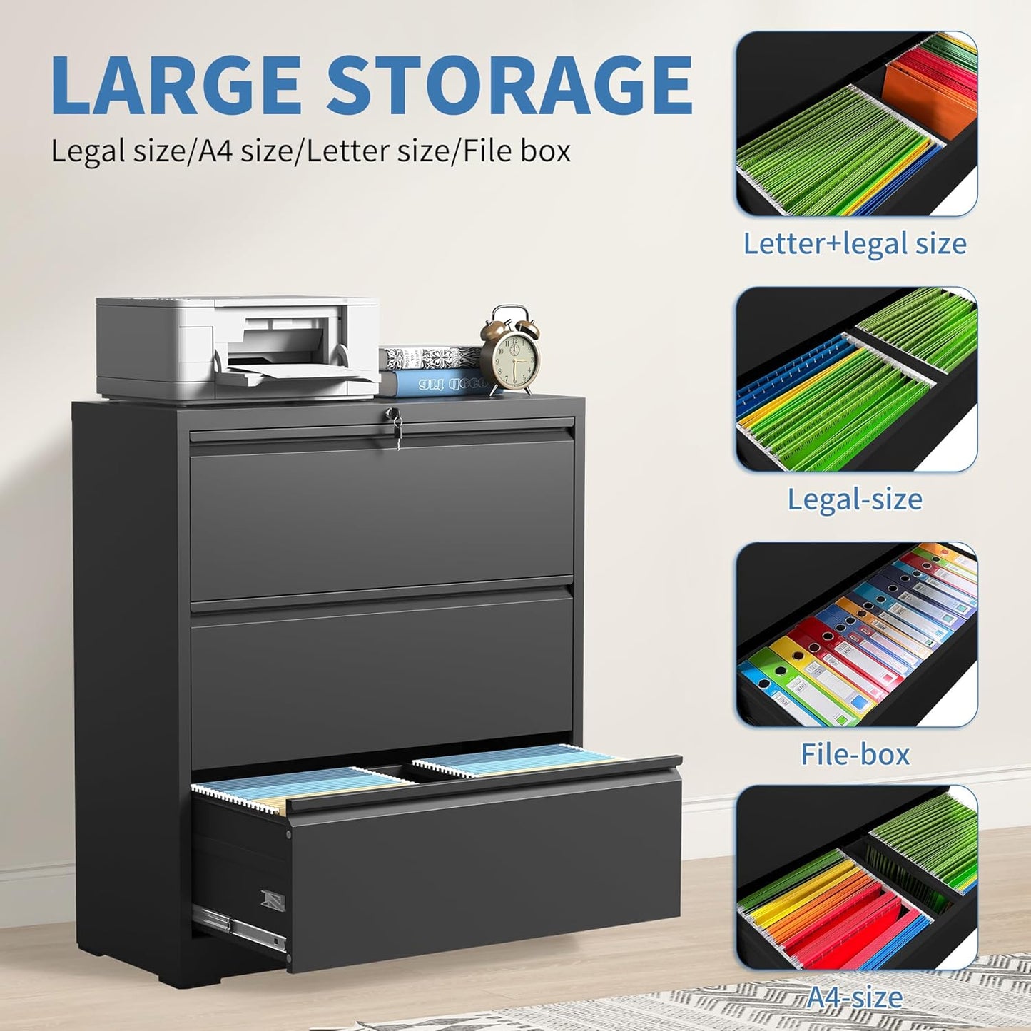 File Cabinets 3 Drawer,Metal Office Storage Filing Cabinet with Lock,Black Lateral Filing Cabinet for Home Office,Horizontal Locking File Cabinets for Legal/Letter/A4,Assembly Require,Black