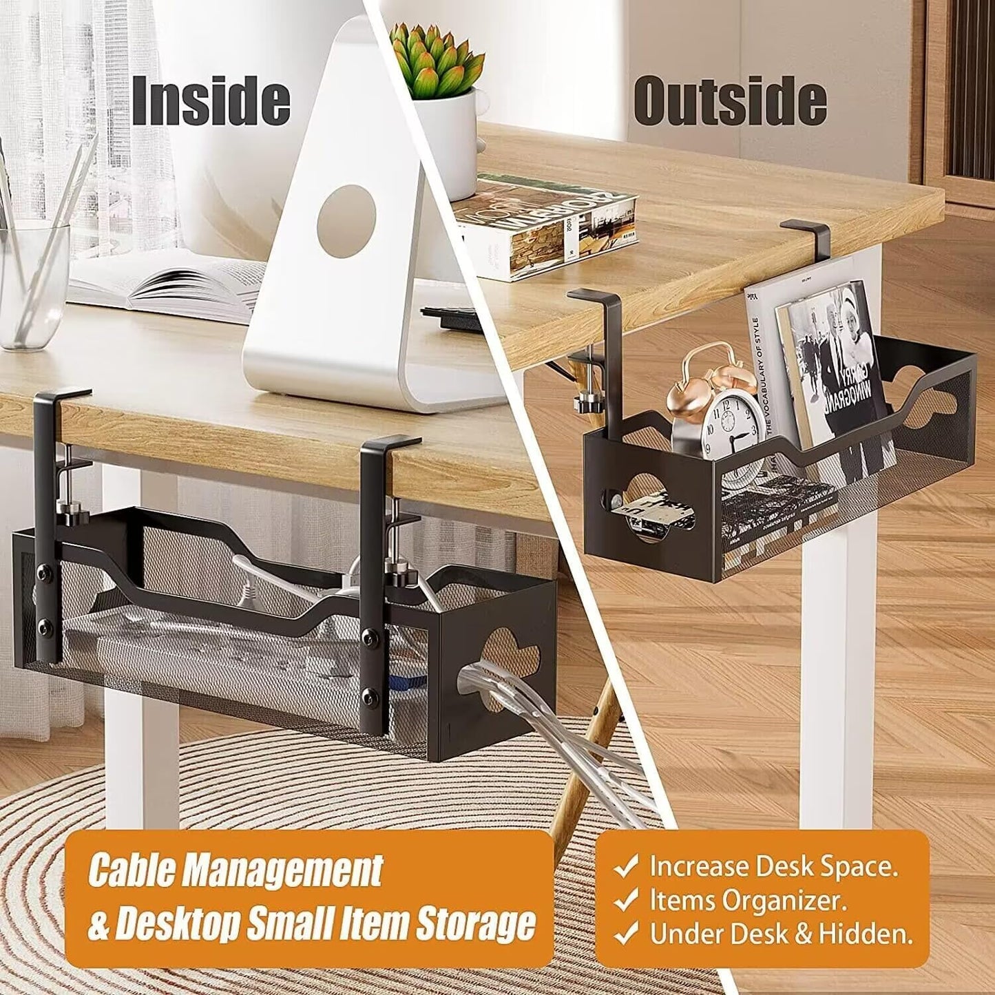 2-Pack Under Desk Cable Management Tray 13.38", Quszmd Cable Organizer No Drill, Standing Cord Organizer and Wire Management Tray - No Damage to Desk, Black