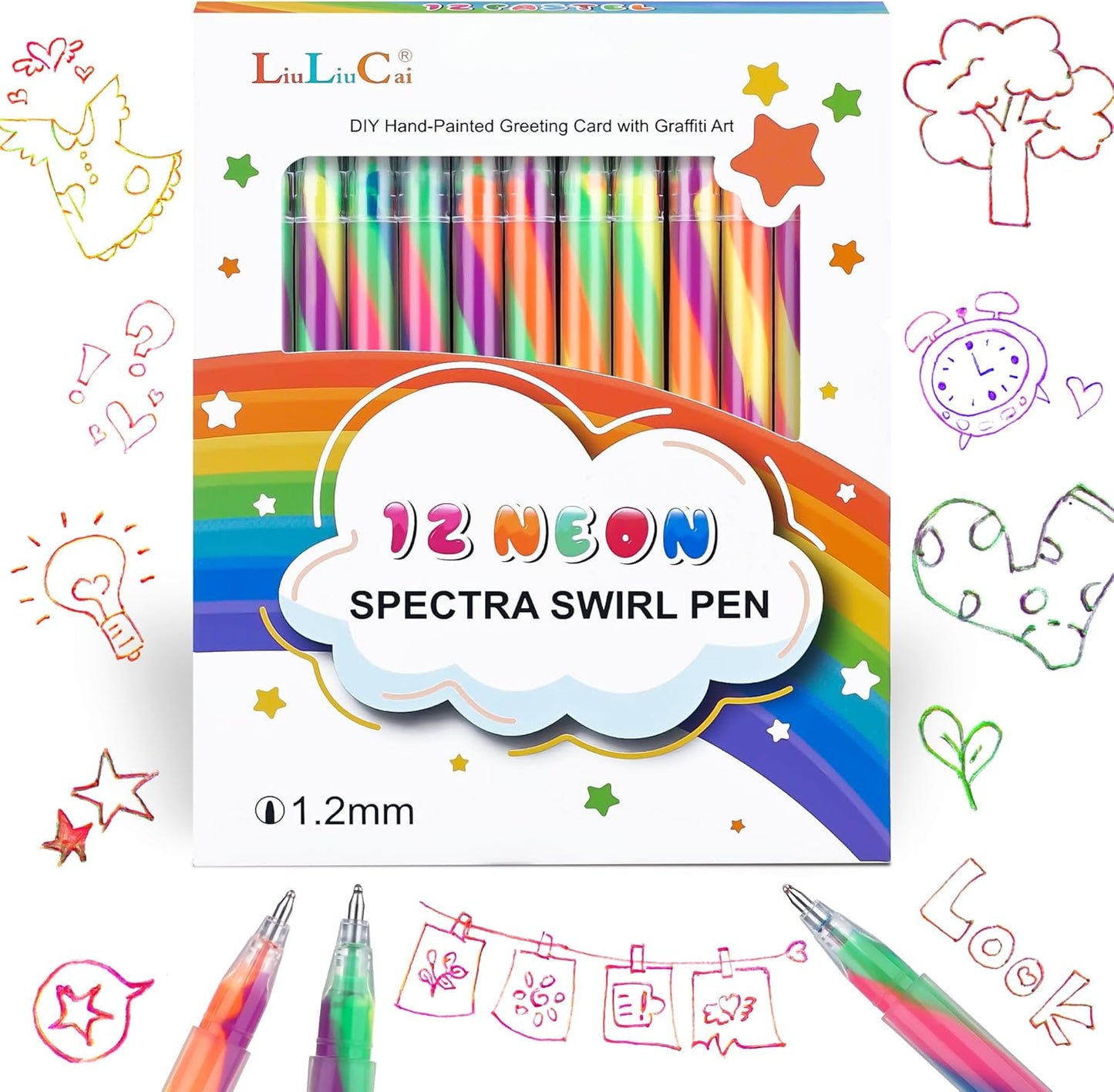LIULIUCAI 12 Pack Rainbow Gel Pens with Upgraded Tip, Magic 3-Color Mixing Gel Pens Set, Neon for Adult Coloring Books, Journaling, Doodling, Stable Colorful Art Supplies