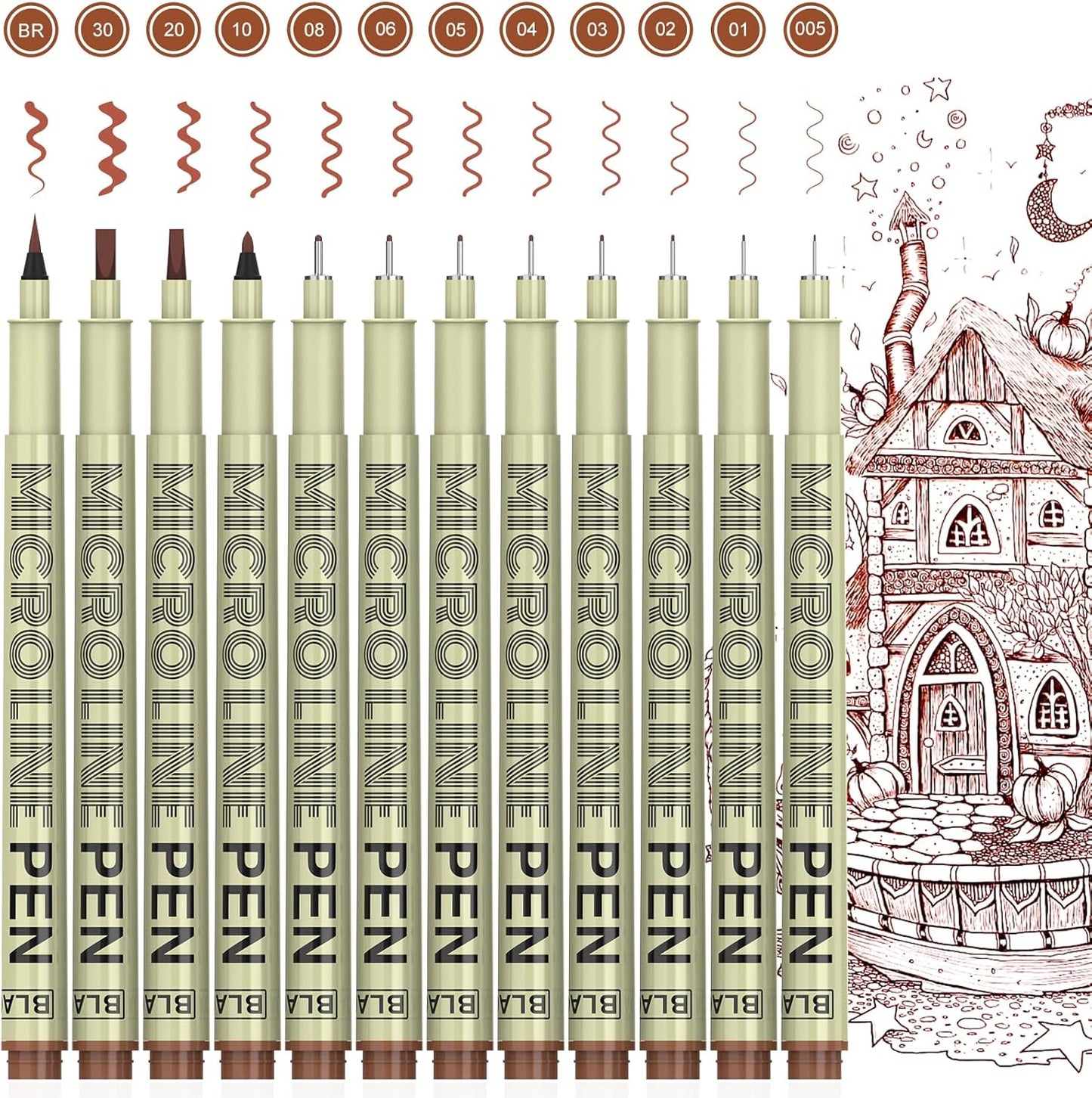 KERIFI Sepia Micro Pen Set, 12 Assorted Sizes Fineliner Ink Art Drawing Pens, Water-Resistant Archival Ink Multiliner Pens for Illustration Technical Sketching Manga Scrapbooking Journaling Zentangle