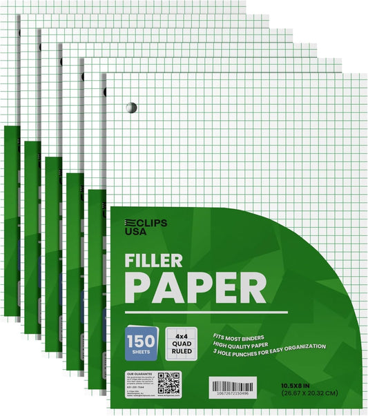 Graph Paper, Loose Leaf Graph Paper, 4 x 4 An Inch Quad Ruled Graph Paper, 10.5” x 8” Graphing Paper, 56 gsm, 150 Per Pack, 900 Sheets (6 Pack)