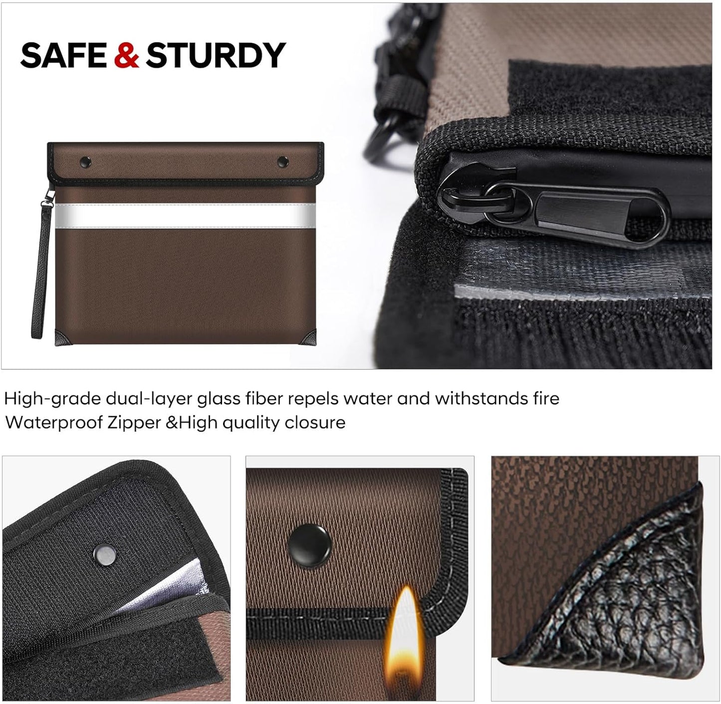 Fireproof Document Bag,5200℉ Insulated Fire Proof Money Bag for Cash,Waterproof Document Pouch with Water Resistant Zipper,8 Layers of Heat Insulated Materials,13.9x10.6 Inch(Brown)