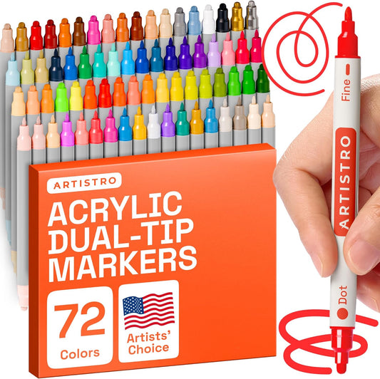 ARTISTRO Vibrant Acrylic Paint Markers for Rock, Fabric, Glass, Wood, Paper, Ceramic, Canvas & More - 72 Dual-Tip Paint Pens (Dot & Fine) - Quick Dry, Teacher Classrooms Must Have, Drawing Markers