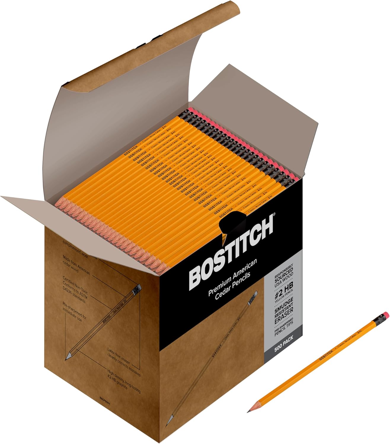 Bostitch Office Premium #2 Pencils, American Cedar Wood, Pre-Sharpened, HB Graphite, 500-Pack