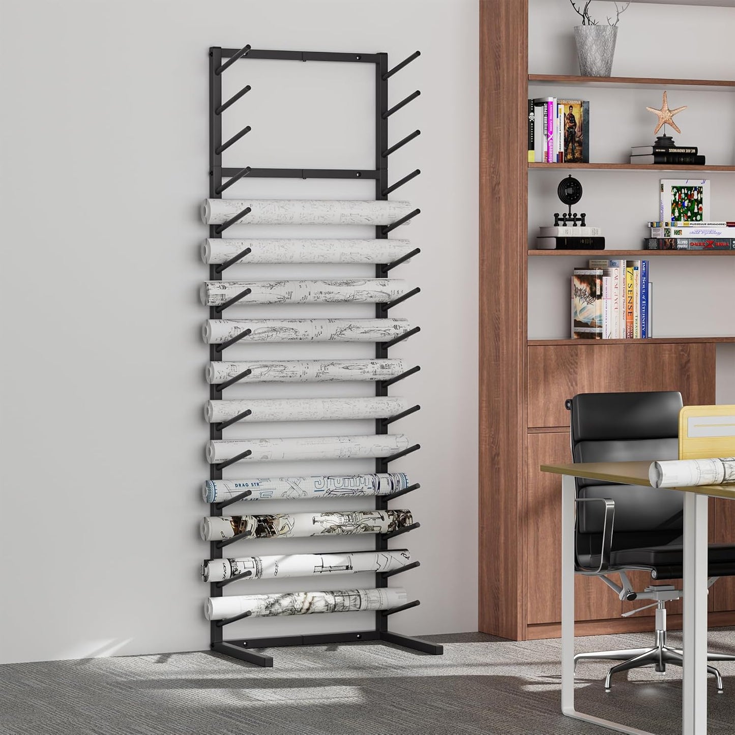 GIOTORENT Wall Mount Blueprint Storage Rack,15-Tier Heavy Duty Blueprint Holder for Construction Plan, Posters,Vinyl Rolls, Art Prints, Max 30lb/Arm, Easy Mount for Home, Office(Matte Black)