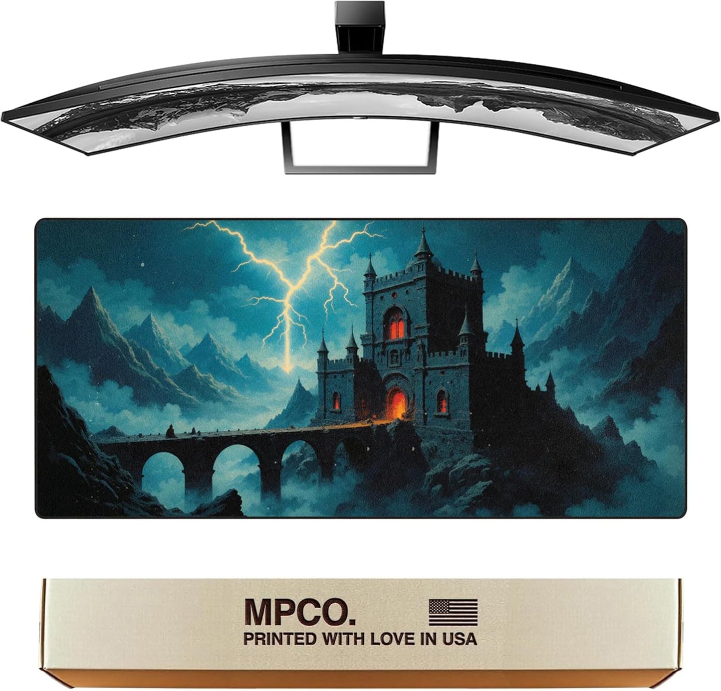 MPCO. Dark Fantasy Large Gaming Desk Pad - 36" x 17" Aeroglyde Fabric Thunder’s Wrath Keep Desk Mats - Non-slip, Washable, Smooth Glide for Precision Gaming & Work